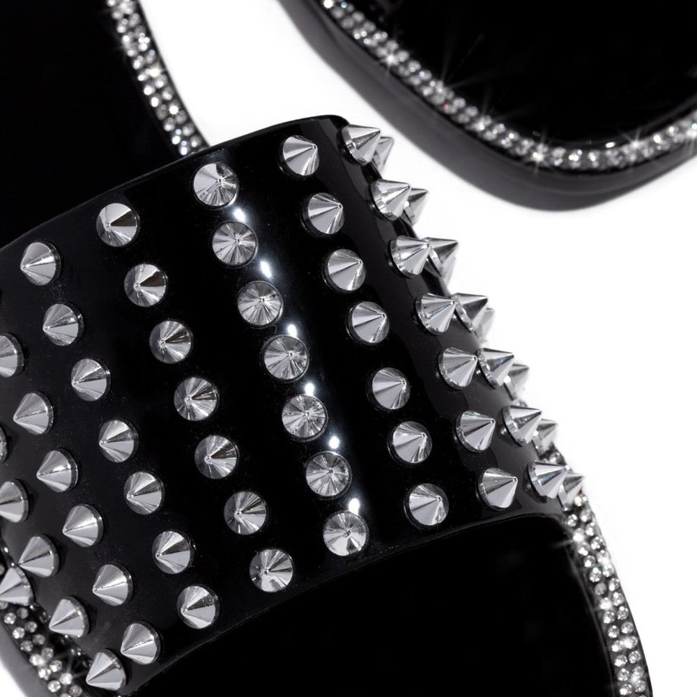 NEW🔥 Silver Spike Studded Rhinestone Trim Open Toe Slide Jelly Flat Sandals - Picture 4 of 5